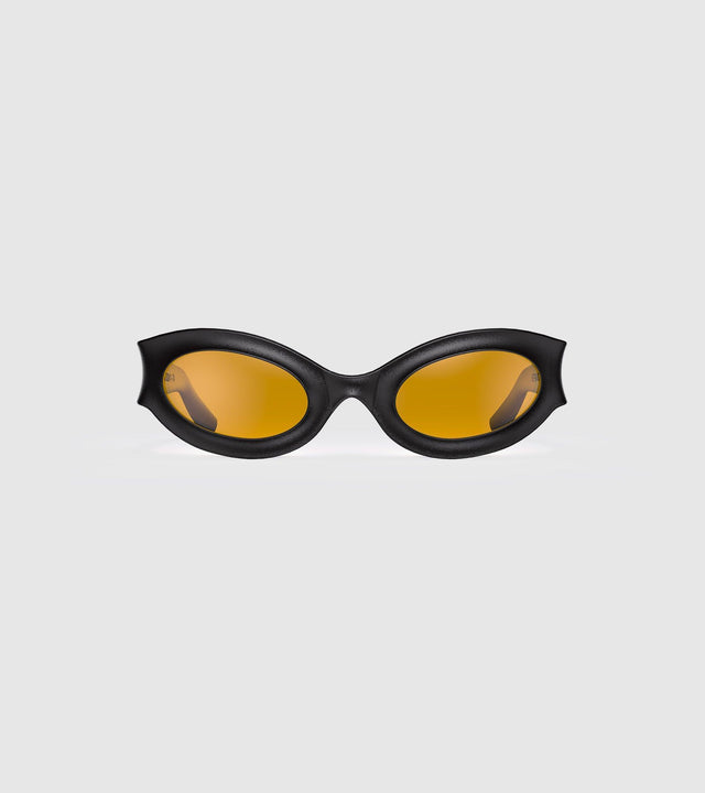 Elegant matte black sunglasses with yellow-tinted lenses, showcasing a modern and sleek design, presented on a clean white background