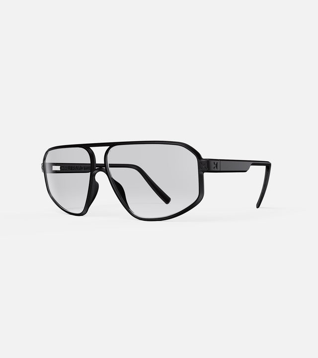 Minimalist black aviator optical frames with gray-tinted lenses, ideal for a chic, refined style