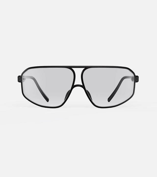 Fashion-forward black aviator optical glasses with light gray lenses, perfect for a contemporary touch
