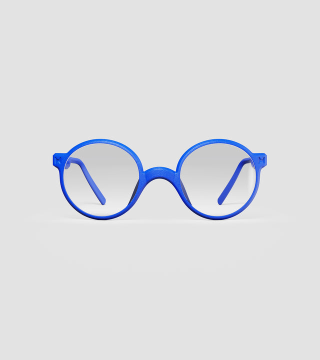 Round blue 3D-printed glasses with clear lenses are designed for an excellent fit across various nose profiles. Offering stylish and comfortable option for those seeking unique and customizable eyewear.