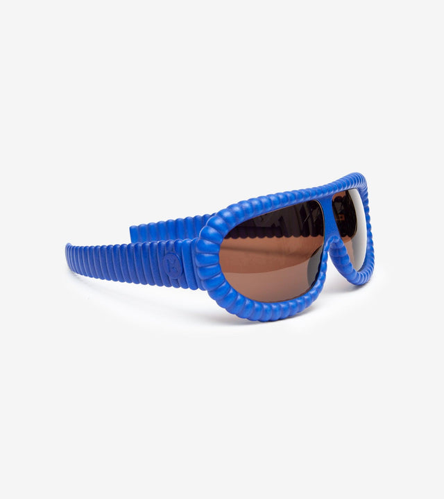 Eye-catching blue bubble sunglasses with unique ribbed frames for a stylish, edgy look