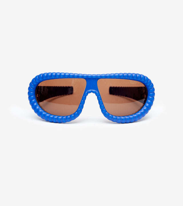 Fashion-forward blue 3D-printed sunglasses with unique ribbed frames