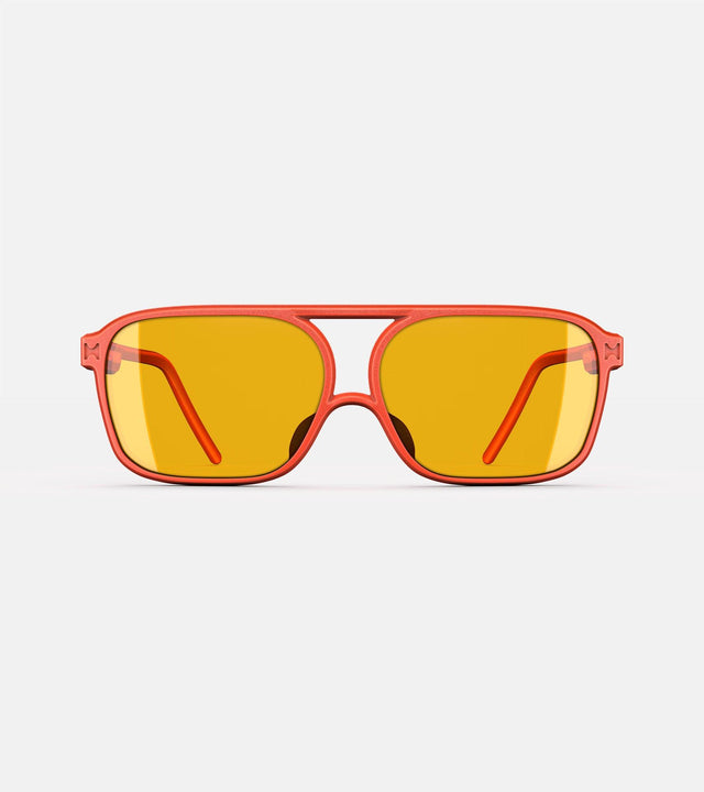 Low bridge, orange-toned rectangular framed sunglasses with orange lenses by REFRAMD, featuring a modern design. Front view.