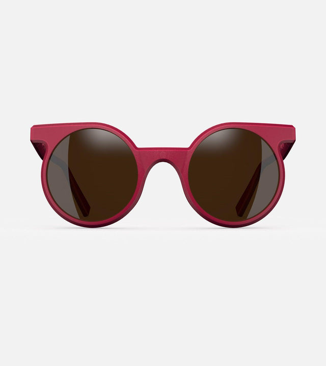 Red 3D printed round sunglasses, ideal for bold fashion statements