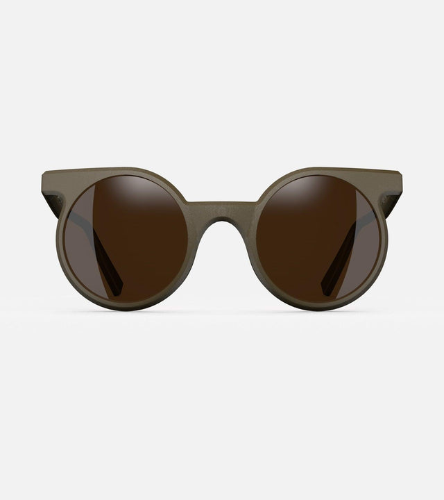 Modern olive sunglasses with a distinct bridge and round lenses