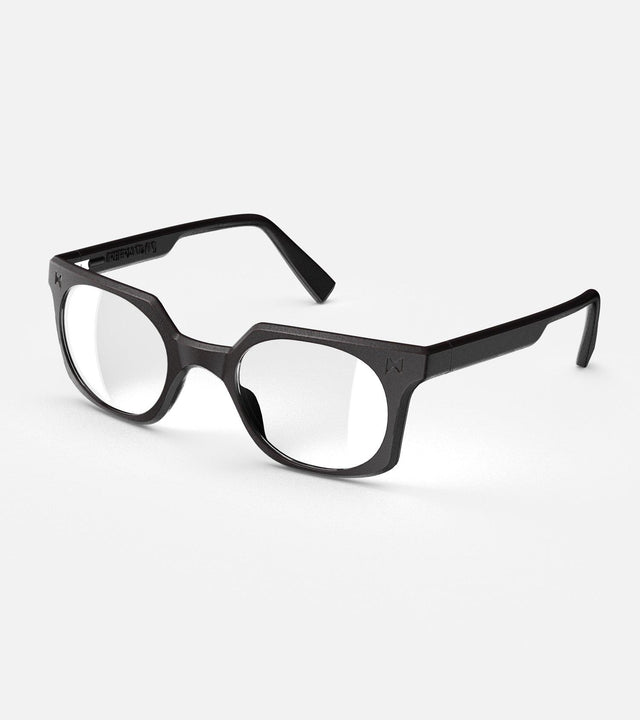 Black square-frame glasses with clear lenses, designed with an inclusive fit for all nose bridges, featuring a modern minimalist design
