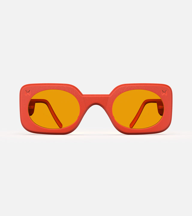 Stylish 3D printed orange Planga sunglasses with a bold rectangular frame and yellow lenses, designed for a comfortable fit across multiple nose bridges