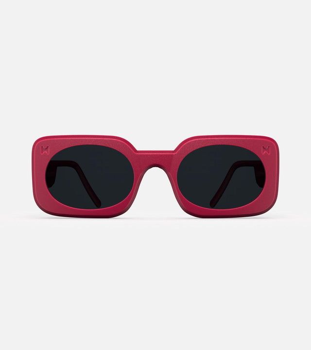 Stylish 3D printed red Planga sunglasses with a bold rectangular frame and dark lenses, designed for a comfortable fit across diverse nose bridges