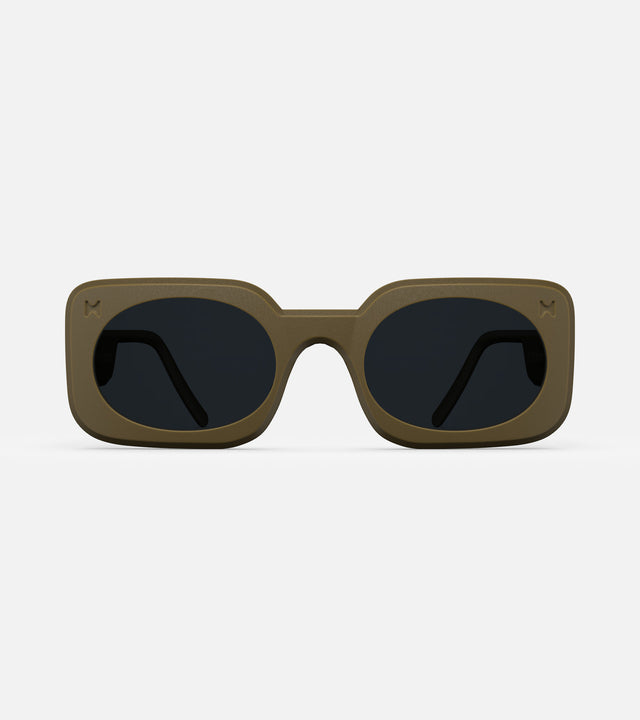 Stylish 3D printed olive Planga sunglasses with a bold rectangular frame and dark lenses, designed for a comfortable fit across multiple nose bridges