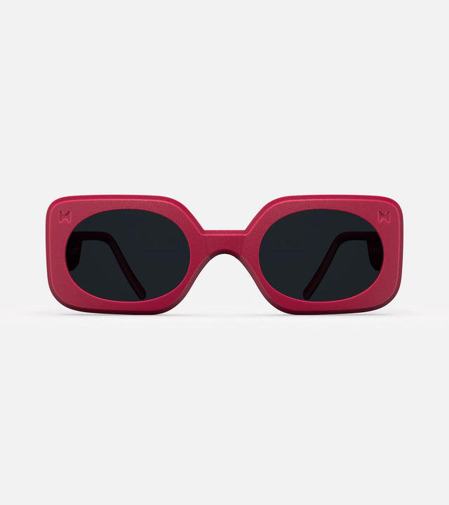 Stylish 3D printed red Planga sunglasses with a bold rectangular frame and dark lenses, designed for a comfortable fit across diverse nose bridges