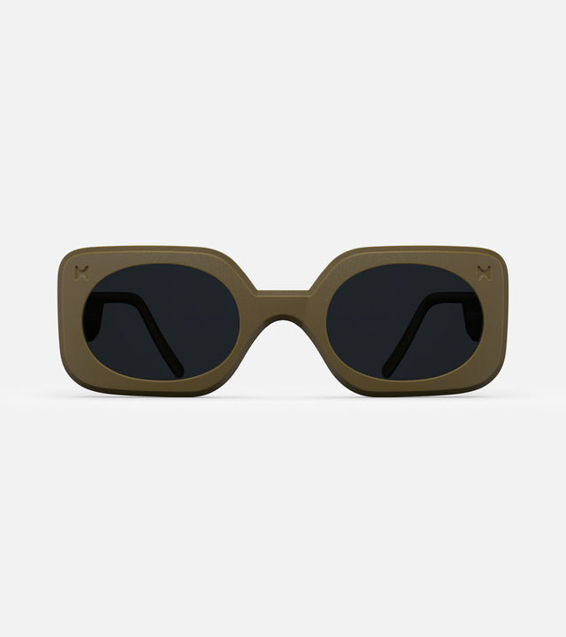 Stylish 3D printed olive Planga sunglasses with a bold rectangular frame and dark lenses, designed for a comfortable fit across multiple nose bridges