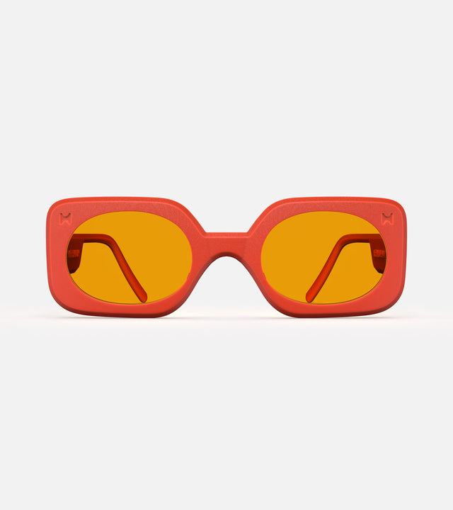 Stylish 3D printed orange Planga sunglasses with a bold rectangular frame and yellow lenses, designed for a comfortable fit across multiple nose bridges