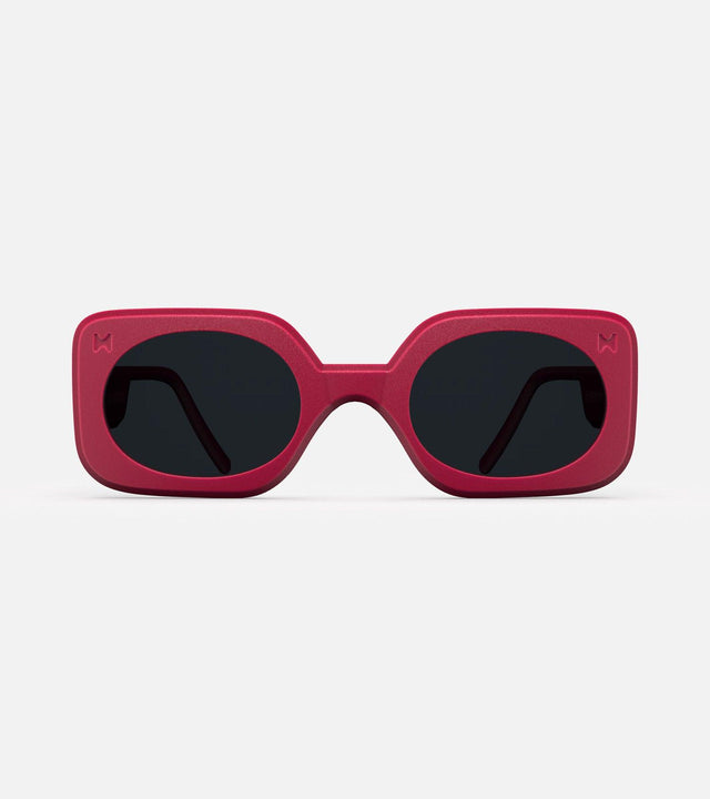 Stylish 3D printed red Planga sunglasses with a bold rectangular frame and dark lenses, designed for a comfortable fit across diverse nose bridges