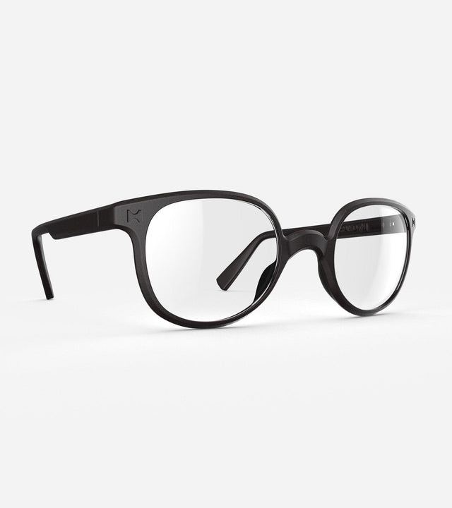 Modern black framed glasses for wide nose bridges with round brown lenses on a white background
