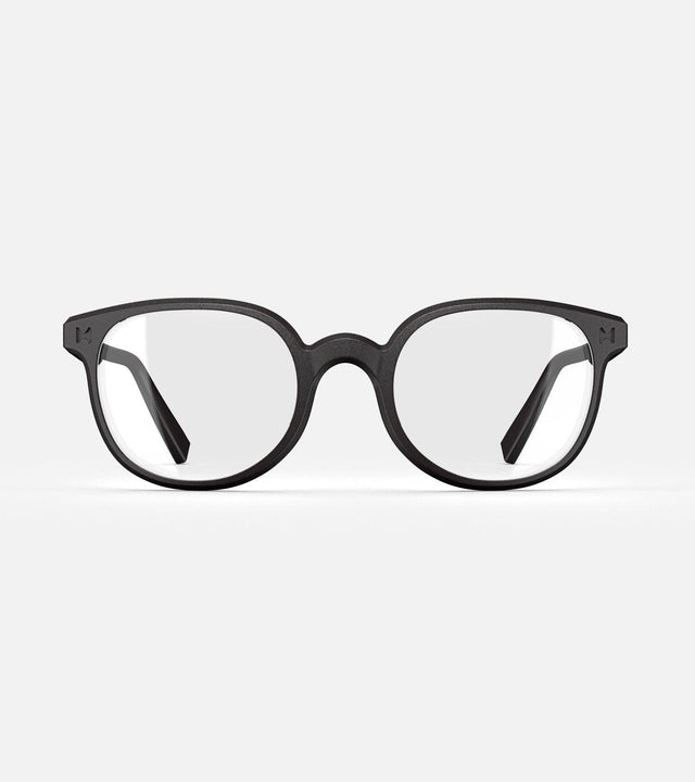 Black 3D printed glasses with clear lenses, featuring a versatile and comfortable fit for various nose profiles