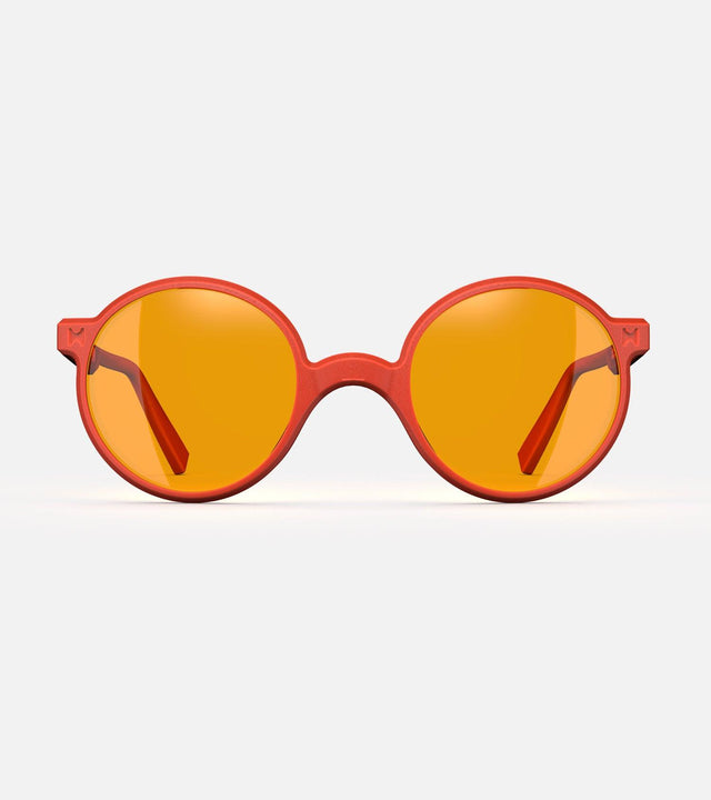 Round orange 3D-printed glasses with orange lenses are designed for an excellent fit across various nose profiles. Offering stylish and comfortable option for those seeking unique and customizable eyewear.