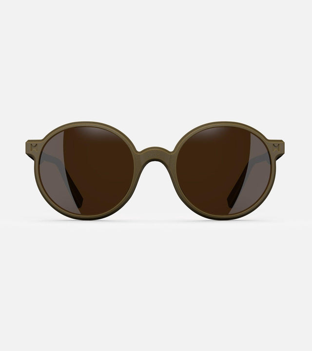 Round khaki 3D-printed glasses with dark lenses are designed for an excellent fit across various nose profiles. Offering stylish and comfortable option for those seeking unique and customizable eyewear.