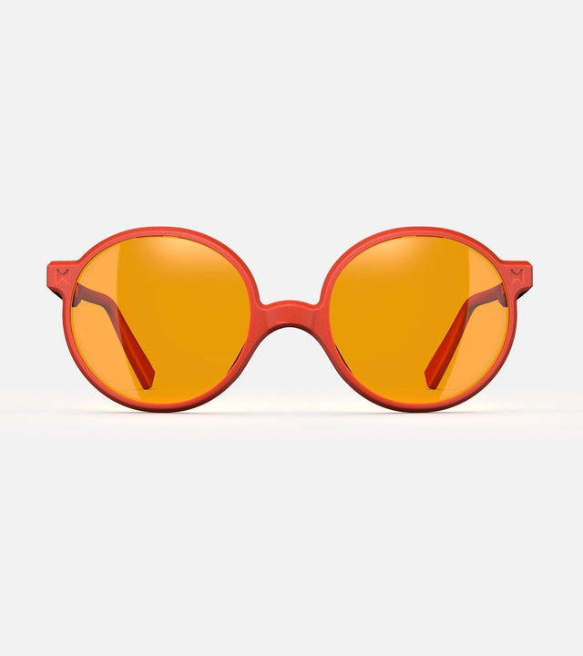 Round orange 3D-printed glasses with orange lenses are designed for an excellent fit across various nose profiles. Offering stylish and comfortable option for those seeking unique and customizable eyewear.