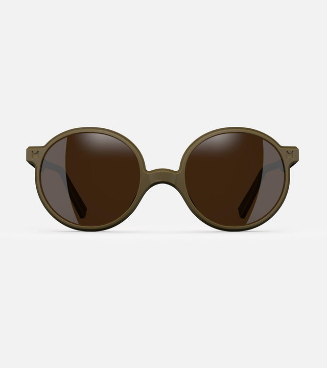Round khaki 3D-printed glasses with dark lenses are designed for an excellent fit across various nose profiles. Offering stylish and comfortable option for those seeking unique and customizable eyewear.