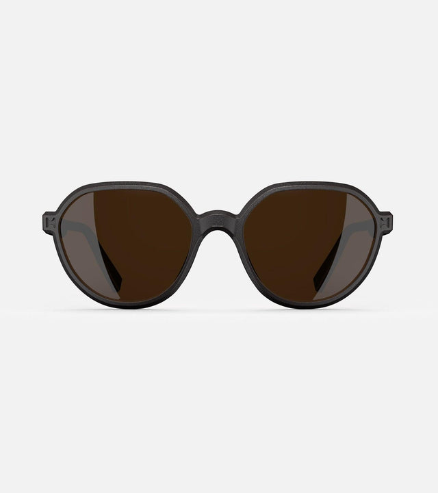 3D printed black round sunglasses with brown lenses, offering a stylish and sustainable choice for low nose bridges