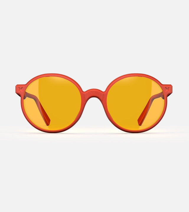 Round orange 3D-printed glasses with yellow lenses are designed for an excellent fit across various nose profiles. Offering stylish and comfortable option for those seeking unique and customizable eyewear.