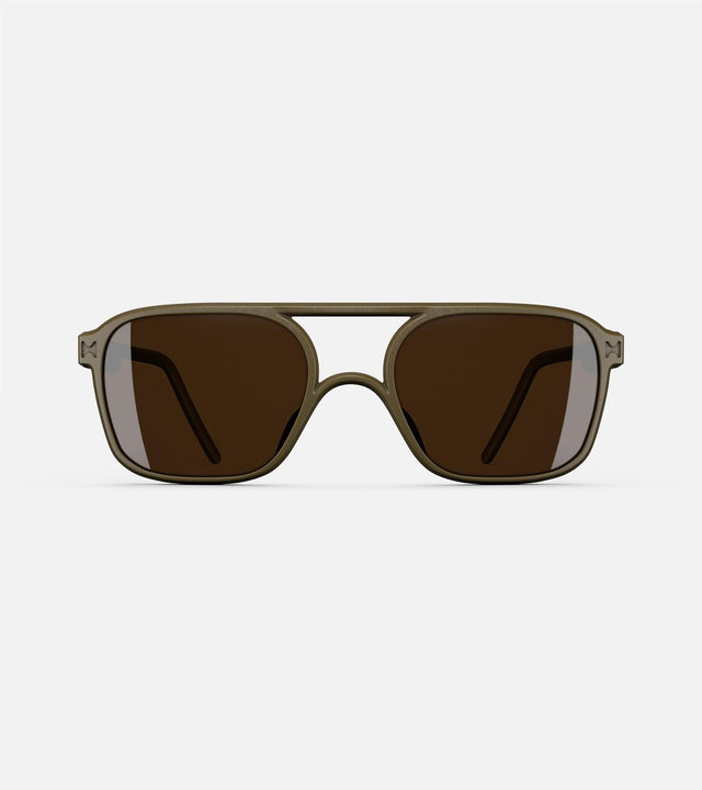 Wide bridge, olive-toned rectangular framed sunglasses with brown lenses by Reframd, featuring a modern design with a subtle logo on the temple.