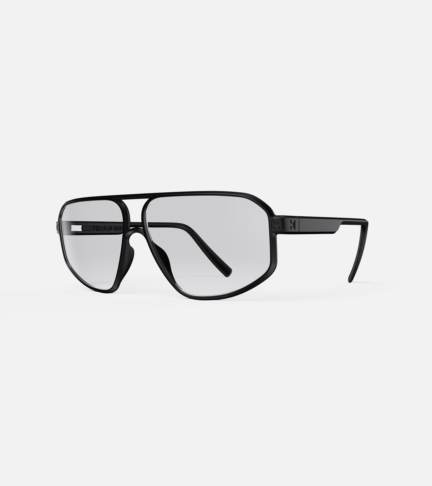 Minimalist black aviator optical frames with gray-tinted lenses, ideal for a chic, refined style