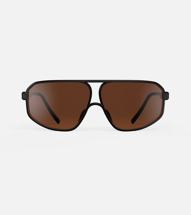 Bold black aviator sunglasses with a minimalist frame, designed for a sophisticated aesthetic.