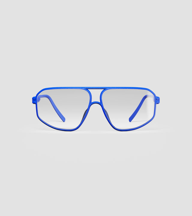 3D-printed blue wide bridge glasses for high bridge noses, offering modern aesthetics