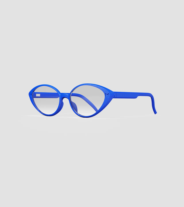 Bold blue wide bridge glasses for unique facial features by REFRAMD