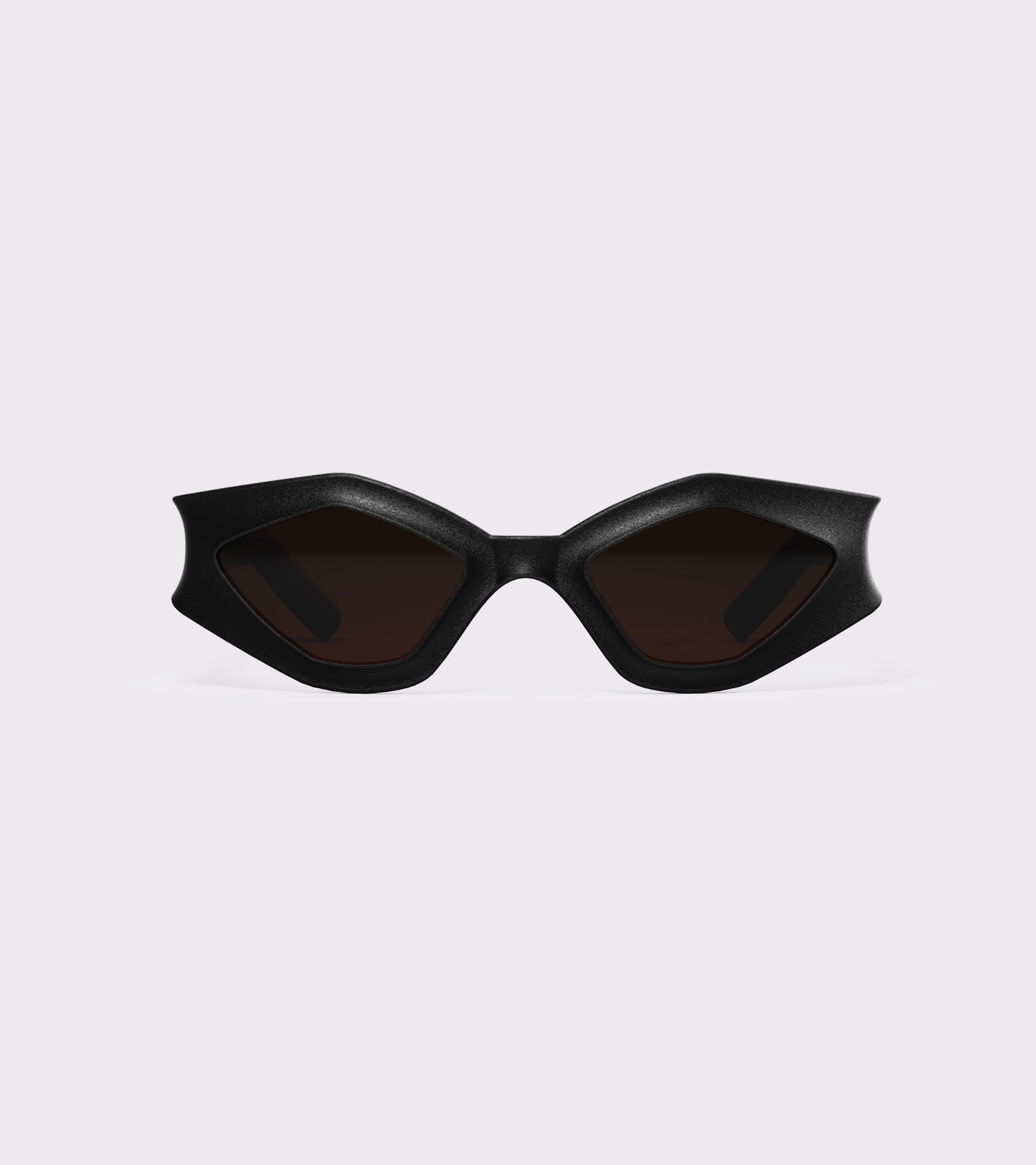 Bold black 3D printed sunglasses with angular frames and dark lenses, offering a unique style and a great fit for various nose bridges
