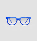 Bold blue square-frame glasses with clear lenses, designed with an inclusive fit for all nose bridges, featuring a modern minimalist design.