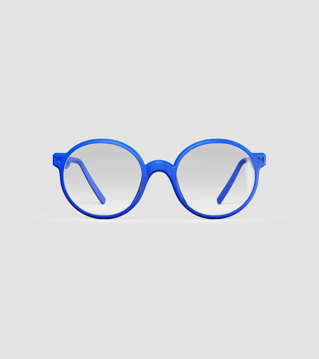 Round blue 3D-printed glasses with clear lenses are designed for an excellent fit across various nose profiles. Offering stylish and comfortable option for those seeking unique and customizable eyewear.