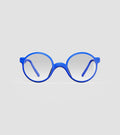 Round blue 3D-printed glasses with clear lenses are designed for an excellent fit across various nose profiles. Offering stylish and comfortable option for those seeking unique and customizable eyewear.