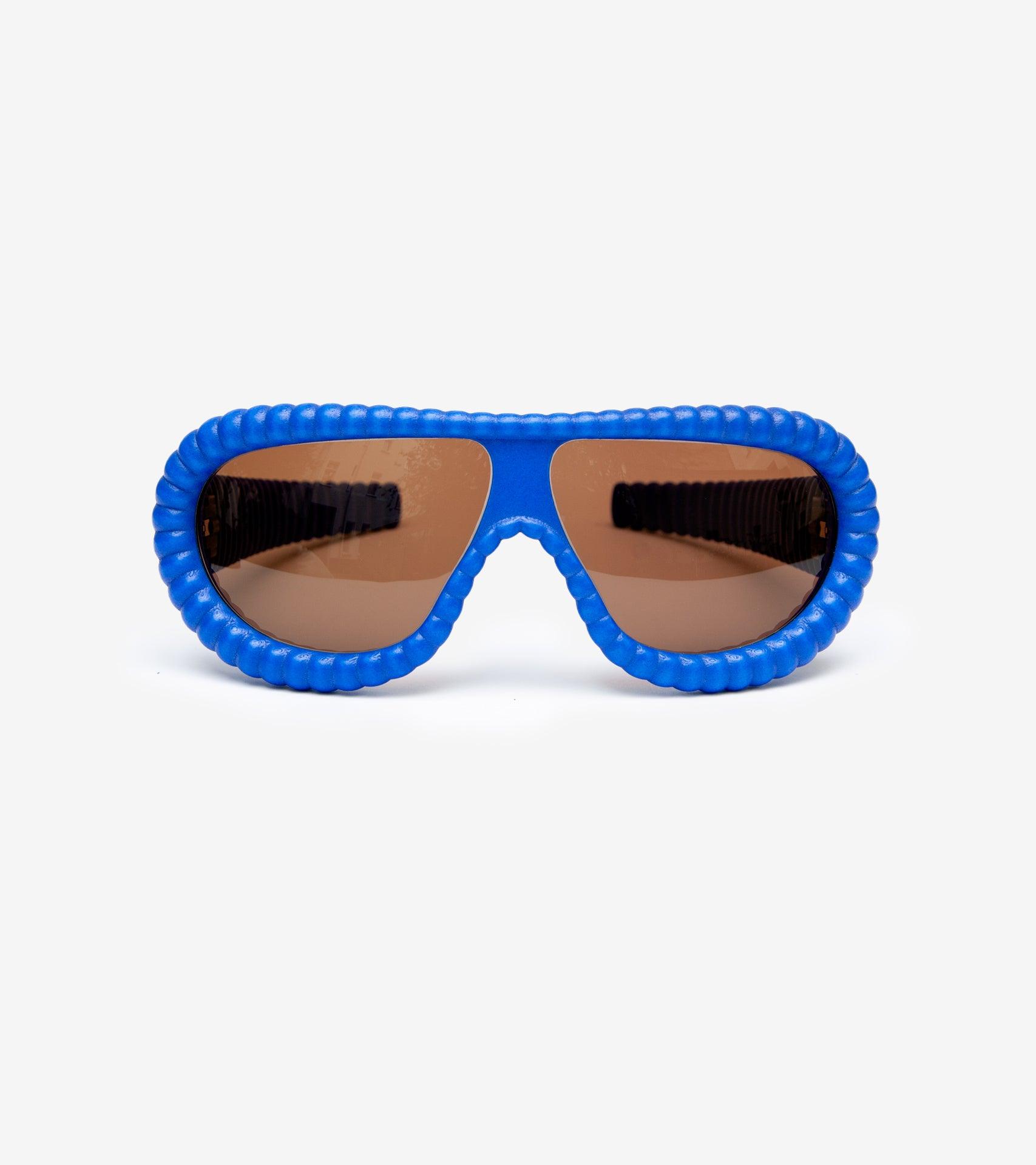 Eye-catching blue Bubble Meta Glasses with unique ribbed frames for a stylish, edgy look