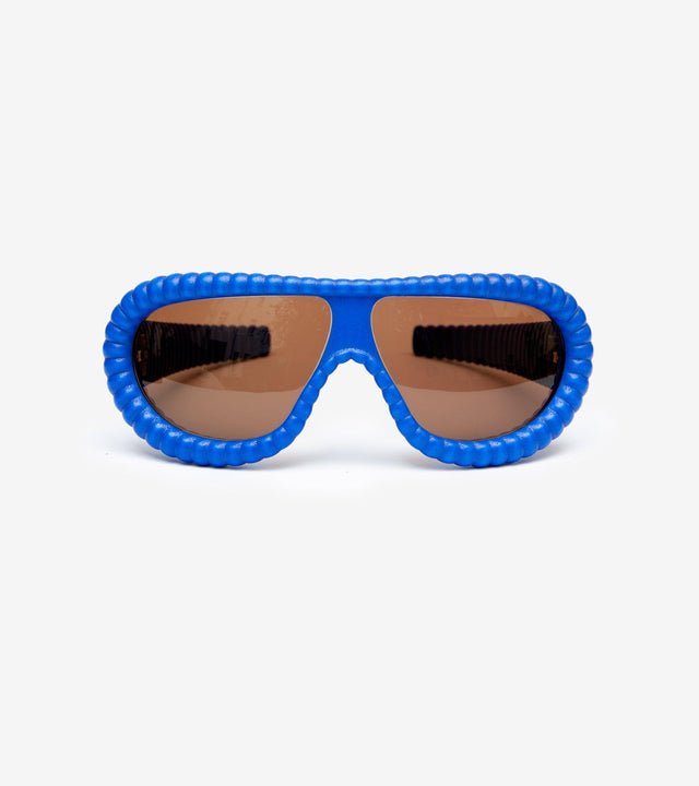 Eye-catching blue Bubble Meta Glasses with unique ribbed frames for a stylish, edgy look