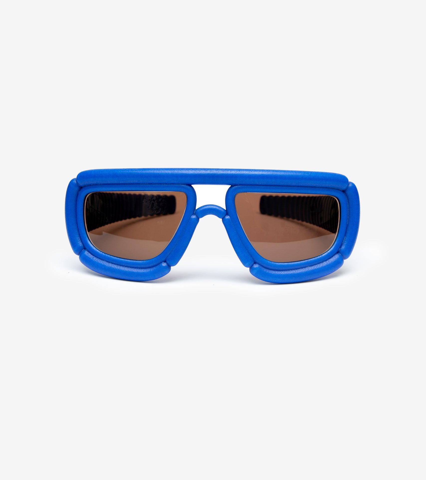 REFRAMD blue 3D-printed sunglasses with bold, padded frames for a unique aesthetic