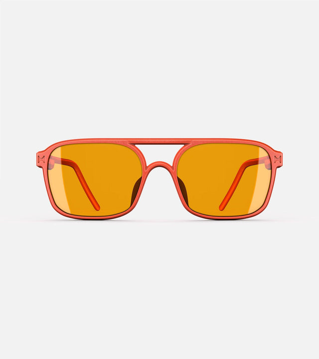 High bridge, orange-toned rectangular framed sunglasses with orange lenses by REFRAMD, featuring a modern design. Front view.