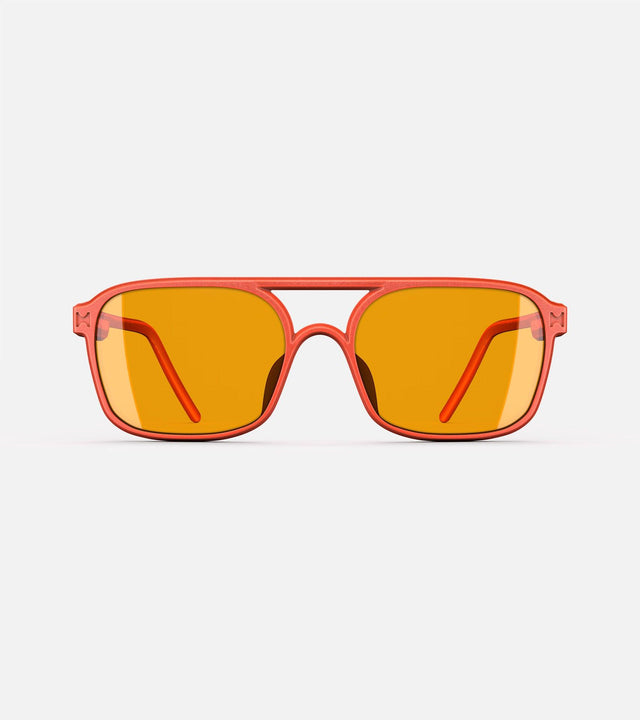 Orange aviator glasses with a double bridge design, featuring yellow lenses and sleek side arms for a bold, modern look.