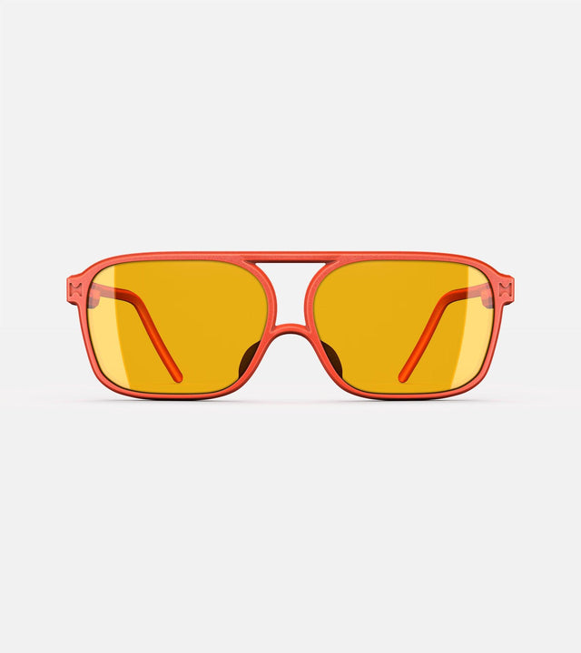 Orange aviator glasses with a double bridge design, featuring yellow lenses and sleek side arms for a bold, modern look..