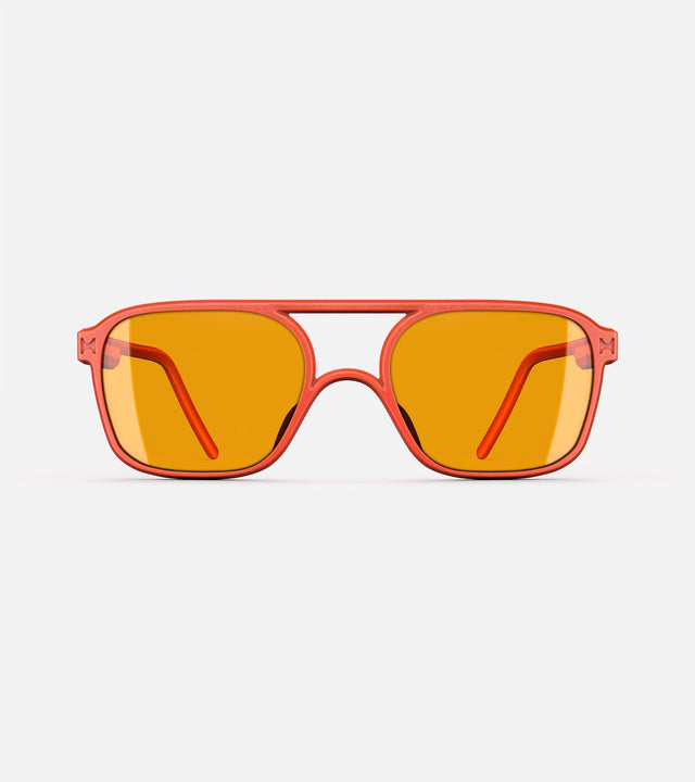Wide bridge, orange-toned rectangular framed sunglasses with orange lenses by REFRAMD, featuring a modern design. Front view.