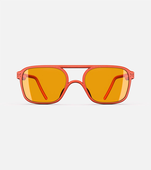 Orange aviator glasses with a double bridge design, with yellow lenses and sleek side arms for a bold, modern look