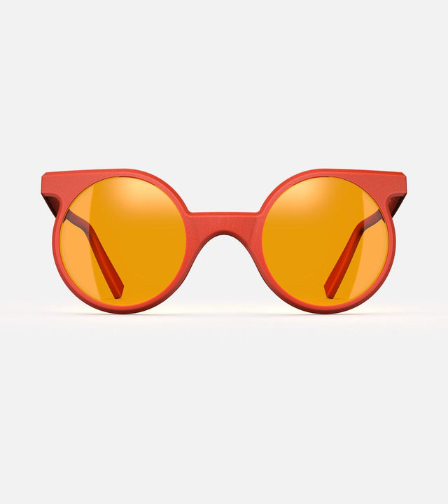 Trendy orange round sunglasses with a unique geometric frame