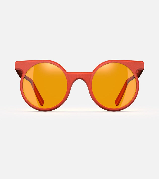 Orange-lens sunglasses in a bold red round frame design for high nose profiles.