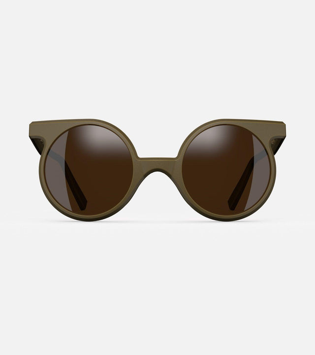 Round black sunglasses with distinctive thick frames and brown lenses for Black Peopl's nose profiles