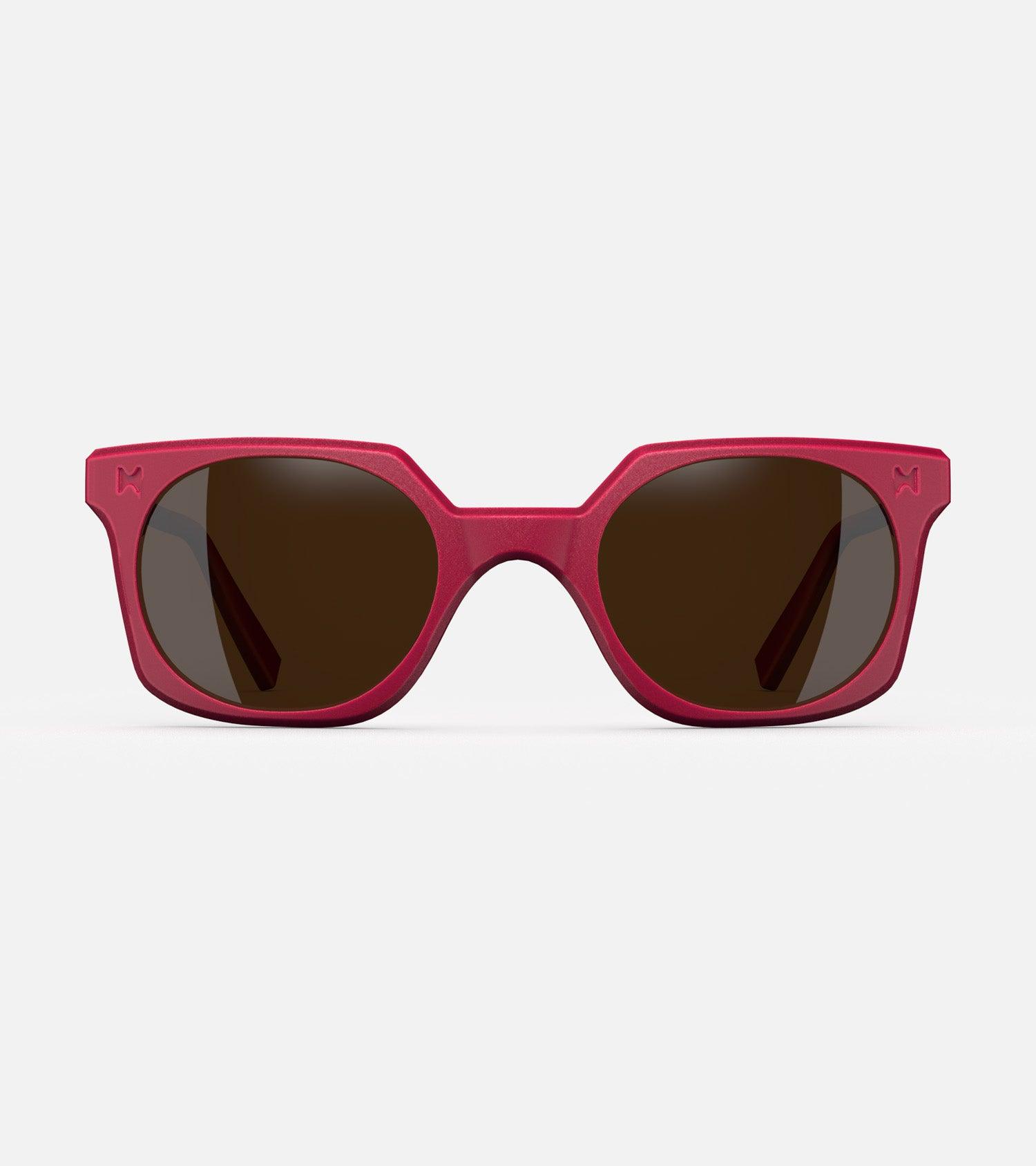 Red square frame glasses with dark lenses, designed with an inclusive fit for all nose bridges, featuring a modern minimalist design