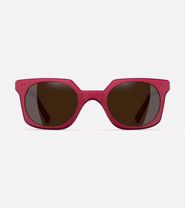 Red square frame glasses with dark lenses, designed with an inclusive fit for all nose bridges, featuring a modern minimalist design