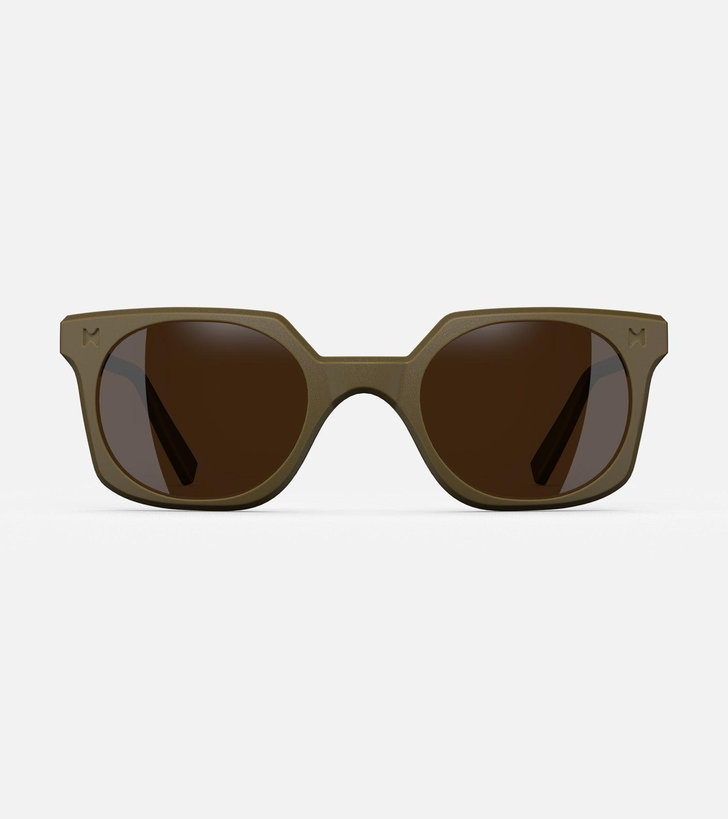 Olive green square-frame glasses with dark lenses, designed with an inclusive fit for all nose bridges, featuring a modern minimalist design