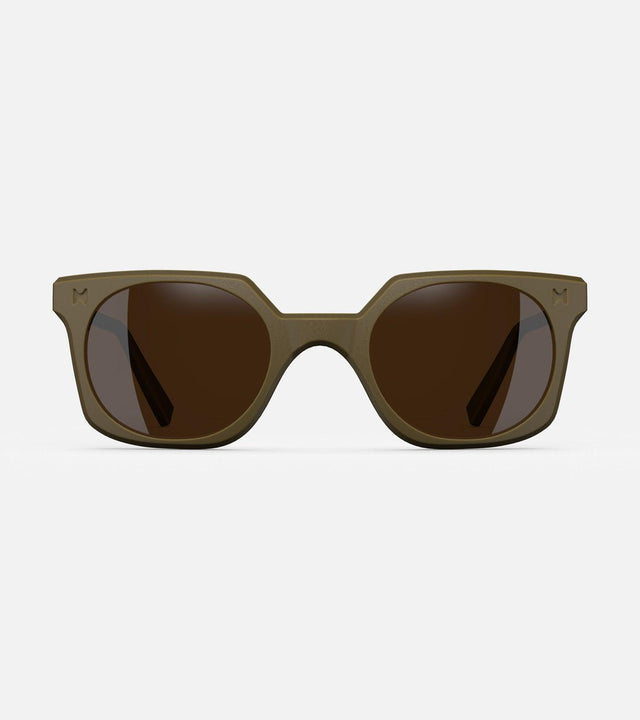 Olive green square-frame glasses with dark lenses, designed with an inclusive fit for all nose bridges, featuring a modern minimalist design