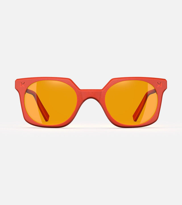 Orange square-frame glasses with yellow lenses, designed with an inclusive fit for all nose bridges, featuring a modern minimalist design